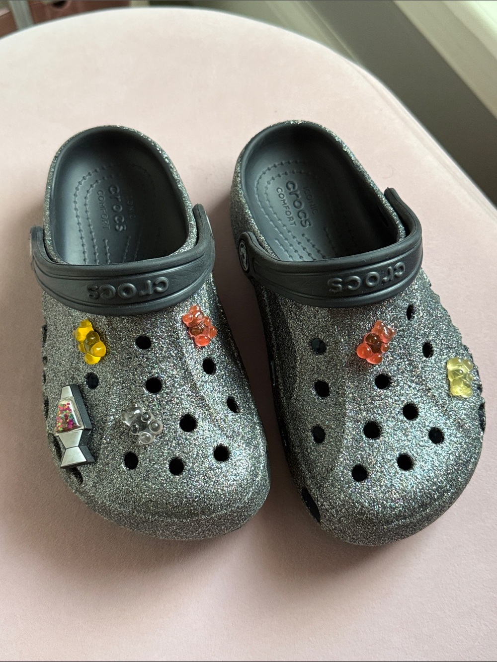 CROCS Kids Silver Glitter Clogs with Colorful Charms
